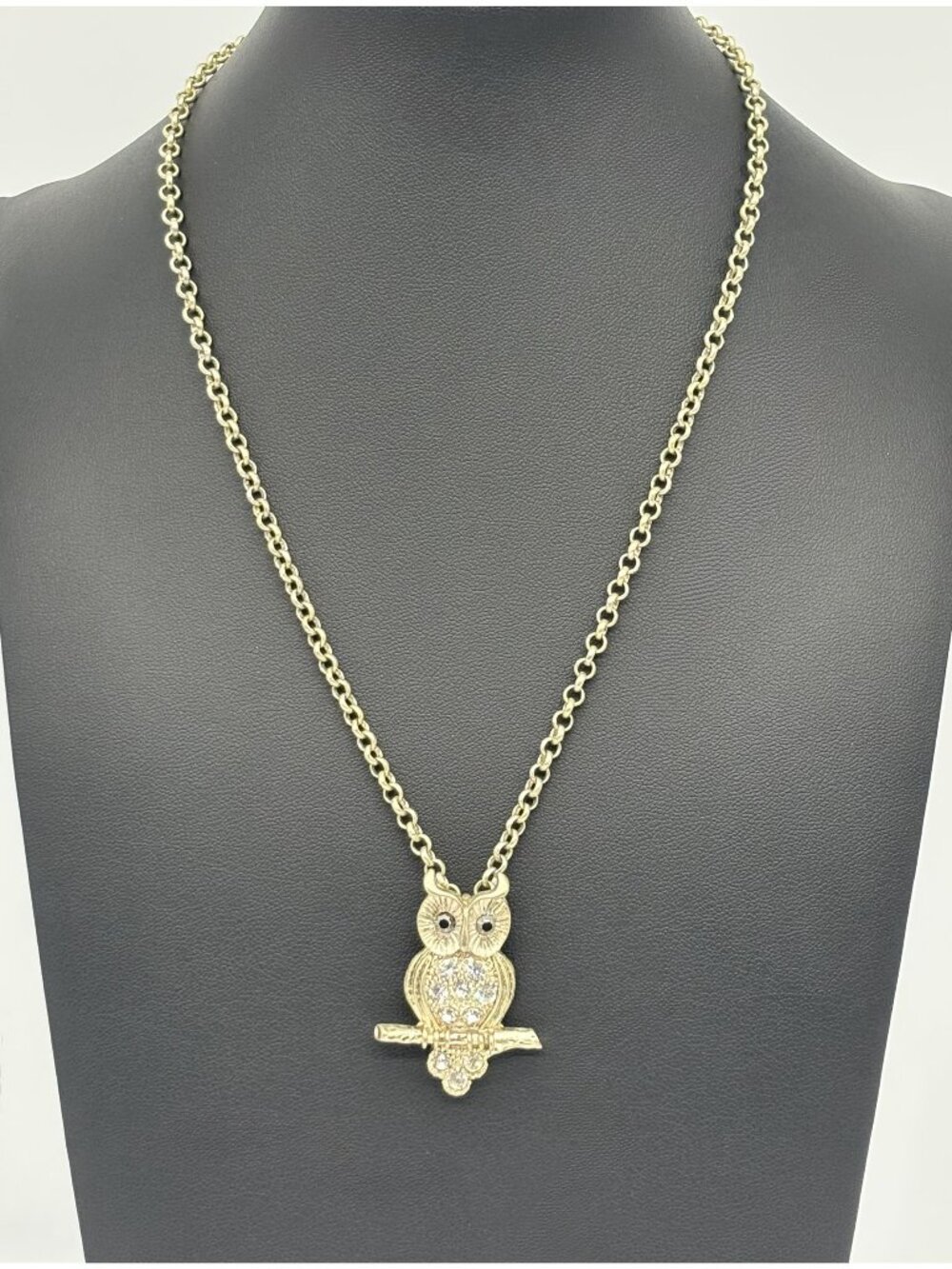 Danielle Stevens Owl on Branch Pendant Necklace Pave Rhinestones Gold Tone